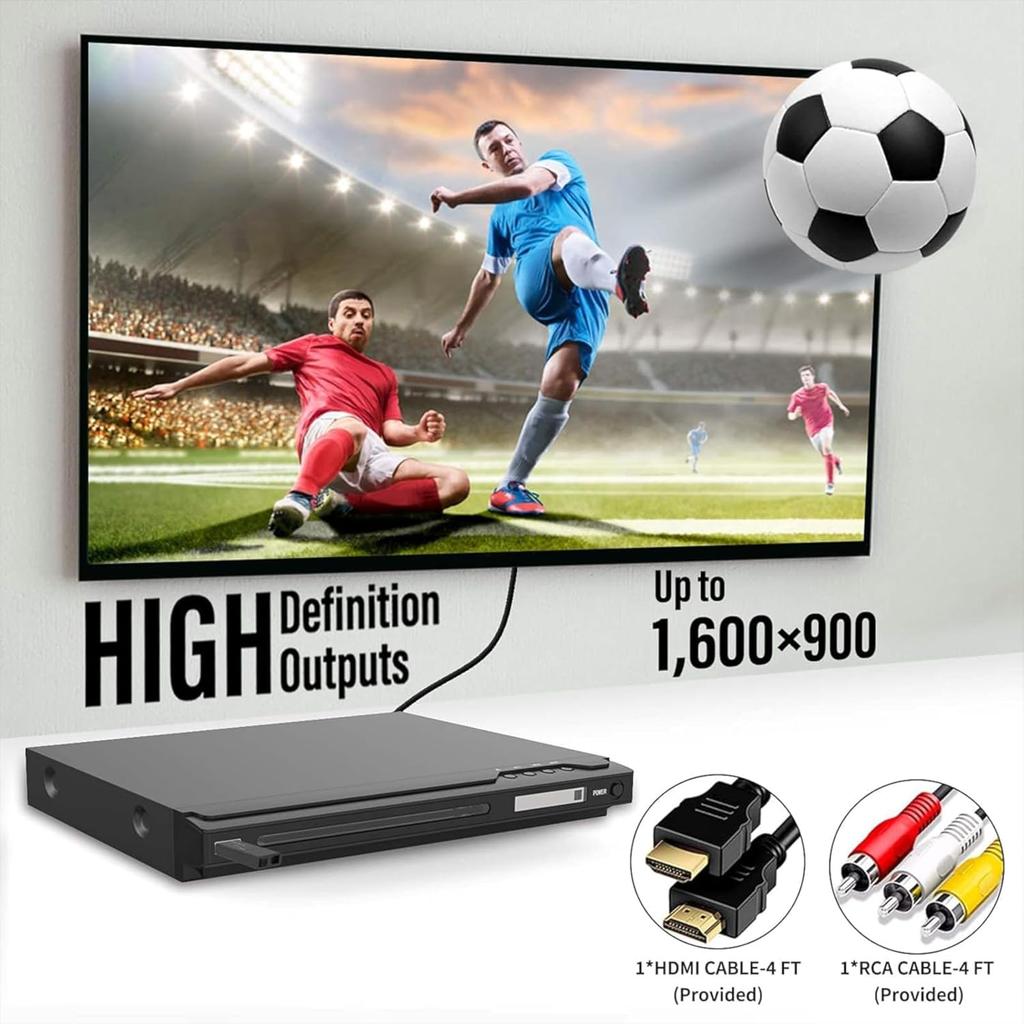 DVD Player, HDMI & RCA Connection, Region Free DVD Players for TV, with Microphone/USB Input Design, NTSC/PAL System, Comes with HDMI & RCA Cable and