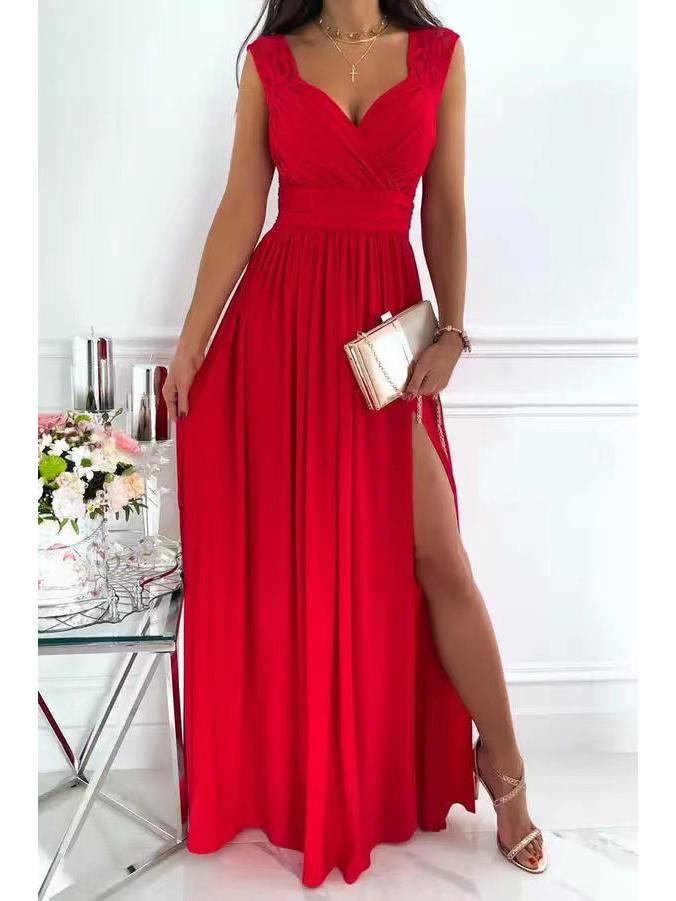 Women's Sleeveless Lace Dress with Open Back and Slit Hem