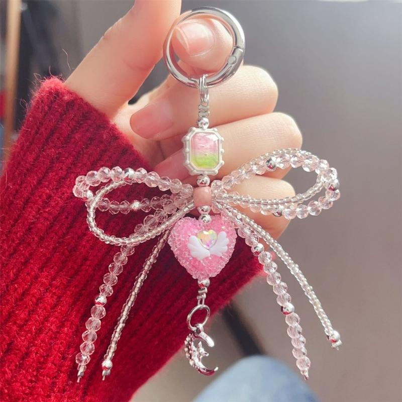 Delicate Bowknot Pendant Keychain Crystal Bead Phone Charm Heart Bows Phone Lanyard Keyring Decoration for Bag Backpack