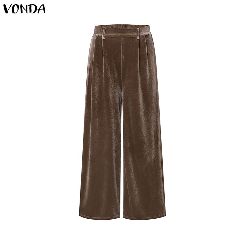 VONDA Autumn Spring Womens Velvet Two Piece Sets V Neck Long Sleeve Tops Wide Leg Pants Tracksuit Outfits