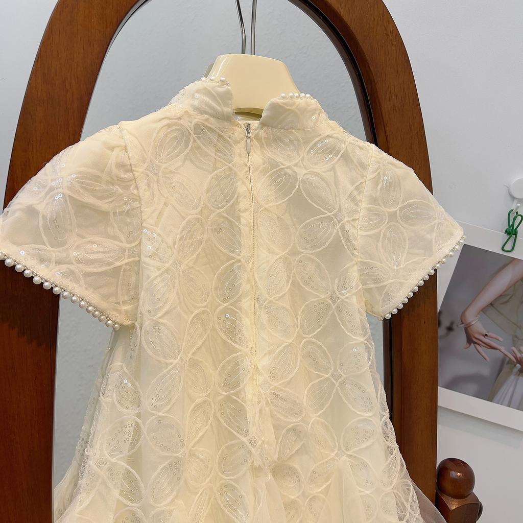 Girls Summer Vintage Cheongsam Dress Elegant Princess Tulle Gown Kids Party Formal Wear Children Clothing