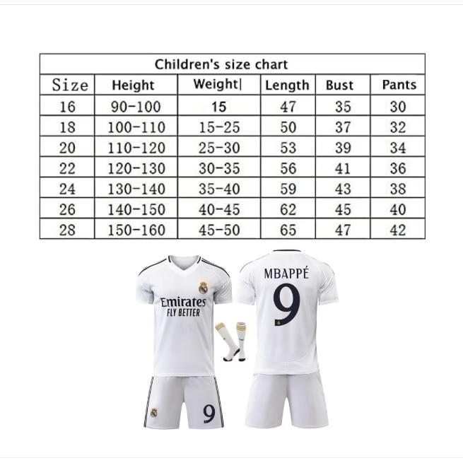 Real Madrid Mbappe No.9 Home Jersey Set 2024/25 Season White Polyester Fans Edition Adults Kids Breathable Quick-Dry