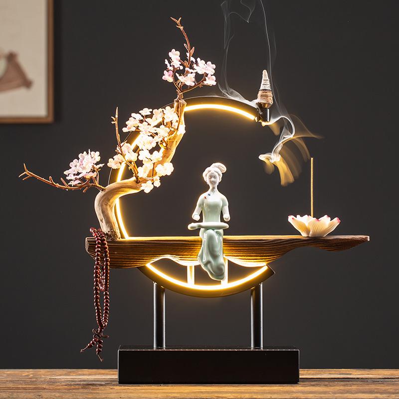 Chinese Style LED Ring Lamp with Backflow Incense Burner for Living Room Decor