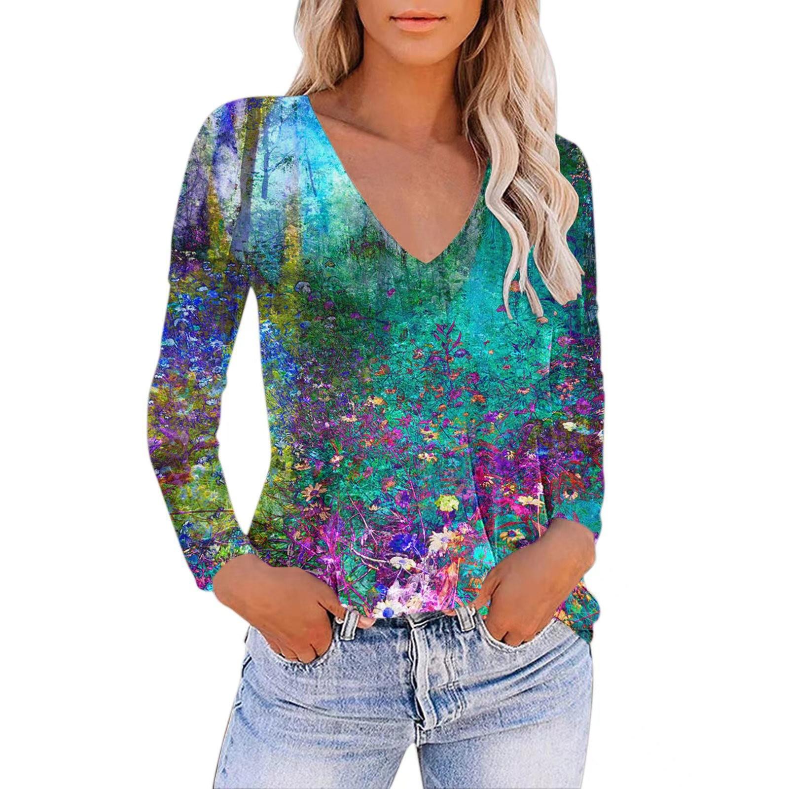 

Женская повседневная свободная футболка с v-образным вырезом и градиентным принтом, пуловер с длинным рукавом XXL циан