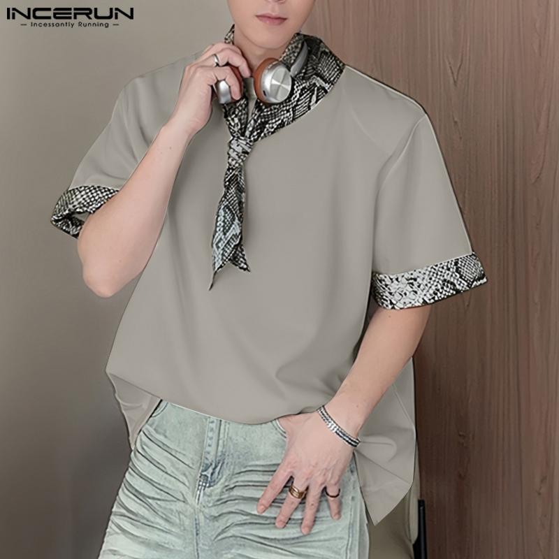 INCERUN Mens Tie Up Short Sleeve Leopard Stitching Casual T-shirts Tops