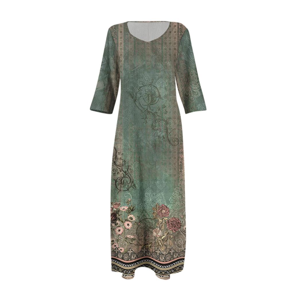 Dresses For Womens Vintage Print Tunic Waisted Midi Dress Summer Casual  3/4 Sleeve Dress