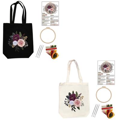Handmade Canvas Bag Embroidery Kits with Flower Pattern Needle Top Handle Bag Embroidery Starter Kits Sewing Kits