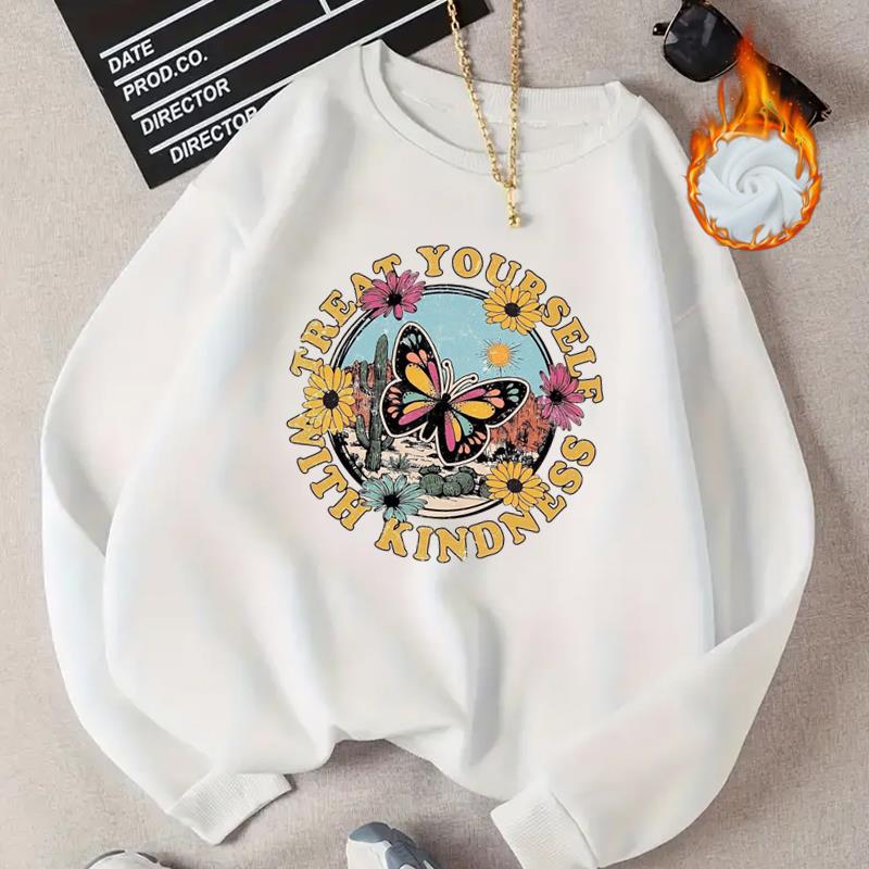 

(Asian Size) Women Print Butterfly Flower Letter Trend Cute Lady Spring Fall Autumn Winter Fashion Casual Pullovers Fleece Clothes Graphic Sweatshirts