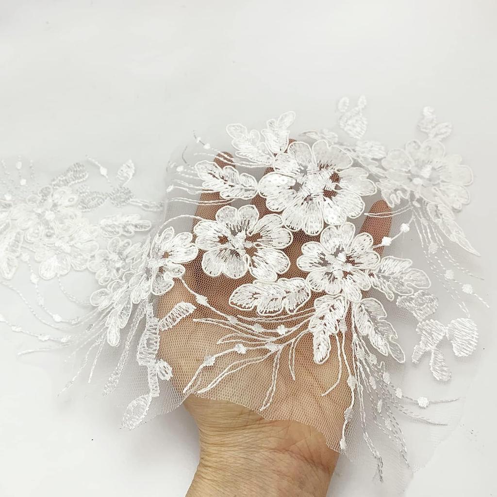 Flower Embroidery Sequin Lace Appliques Trim Floral Embroidered Sew on Patches for Wedding Bridal Dress Party Gown Bodice Craft DIY, 1 Pairs (White)