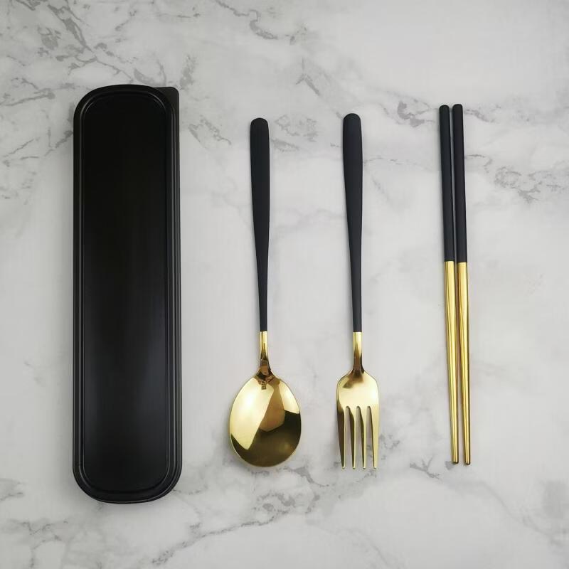 

Ruhan 304 Stainless Steel Black Gold Travel Cutlery Set