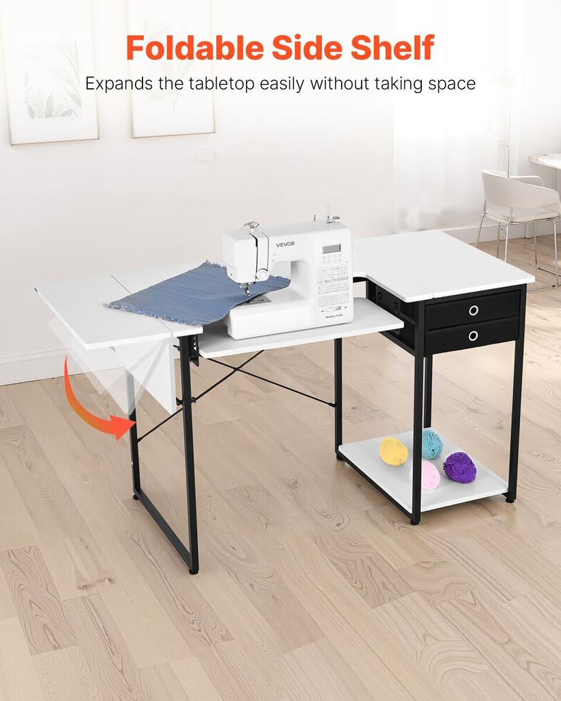 Sewing Table, Multipurpose Sewing Machine Table with Drawers, Foldable Side Shelf, Adjustable Shelf, Steel Legs, Computer Desk for Home, Fashion