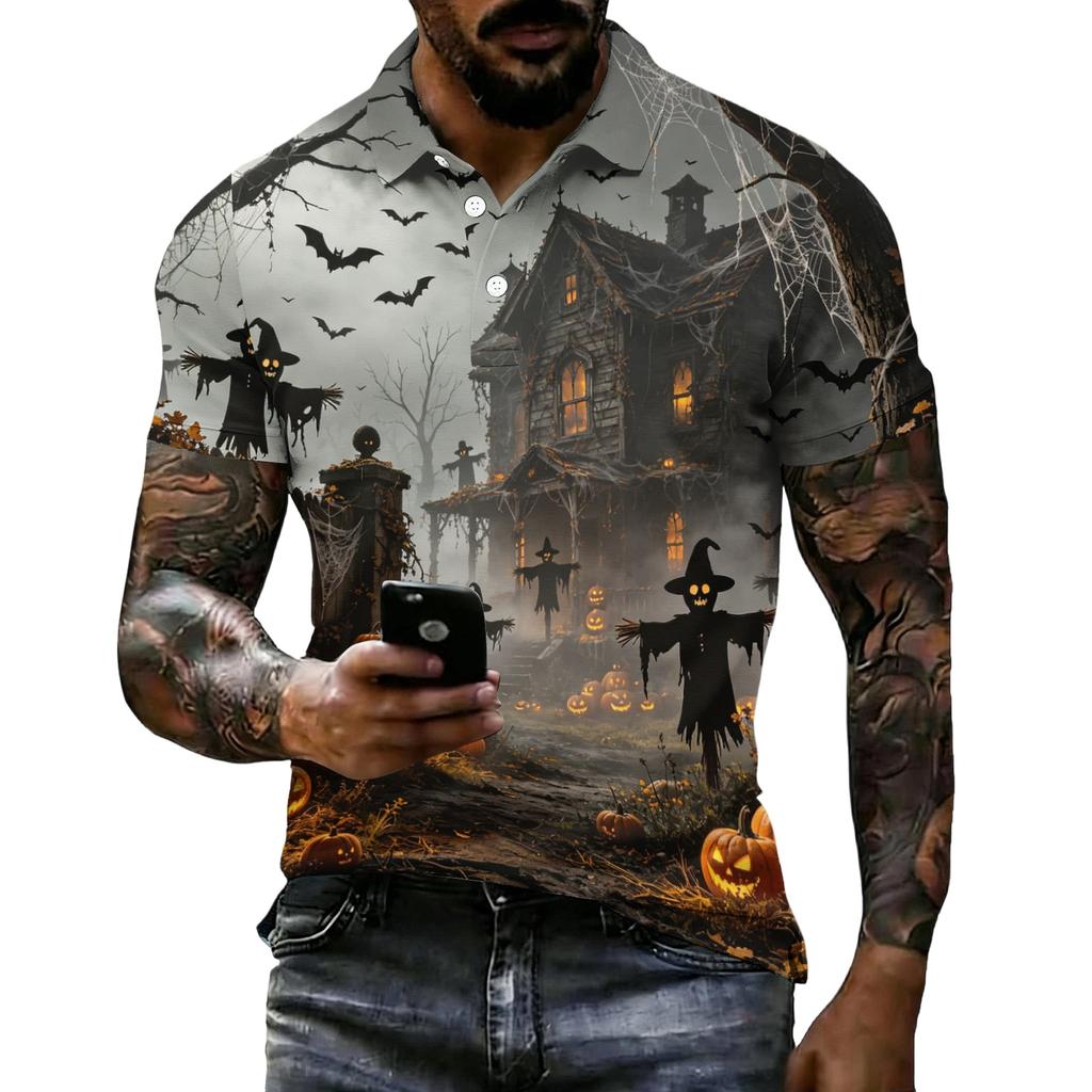 Men's Halloween Print Vintage Texture Short Sleeve Polo Shirt Loose Breathable Summer Sports Street Casual Daily Wear Top