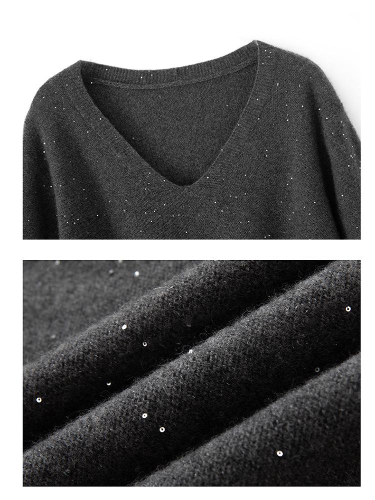 Women's Starry Sky Sequin V-Neck Pullover Sweater, Half-Sleeve Versatile Knit Top