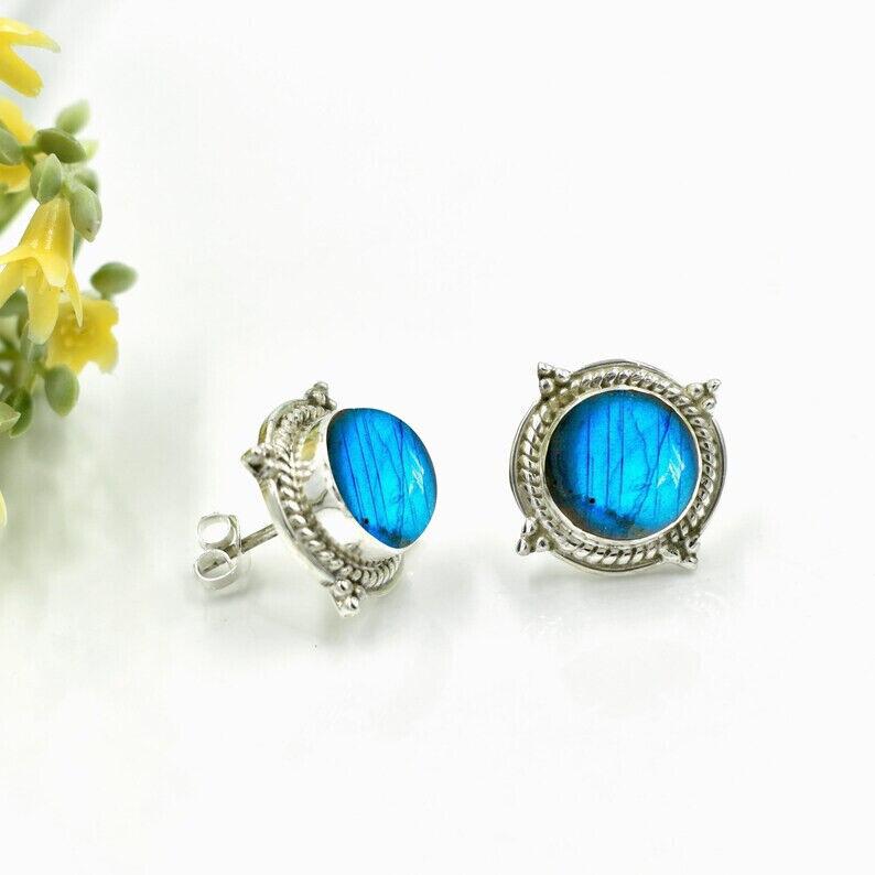 Labradorite Earrings Stud | Round Stud Earrings | Labradorite Stud Earring