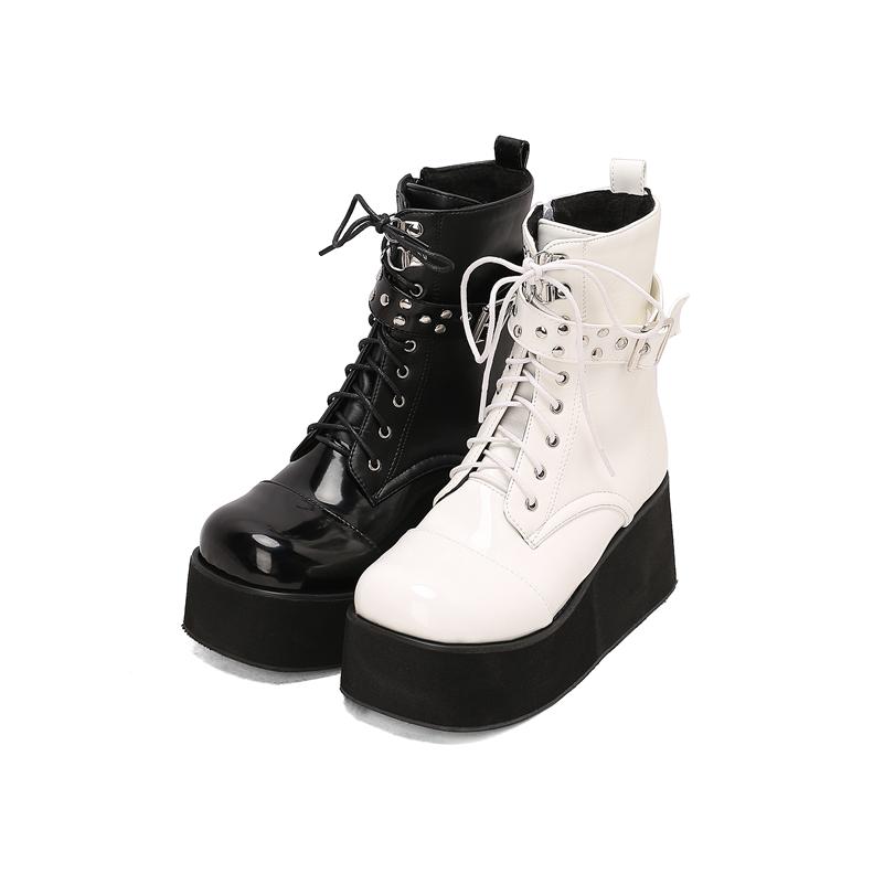 Women Ankle Boots Round Toe Wedges High Heels Buckle Rivets Zipper Lace-up Platform Short Boots Ladies Fashion Shoes Autumn Winter 46