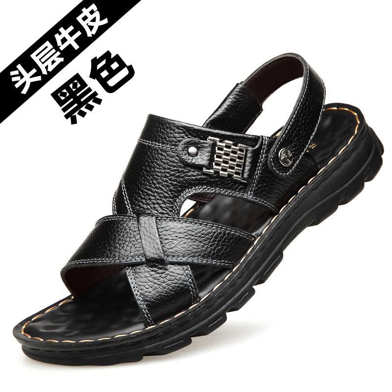 

Мужские летние сандалии, новые кожаные повседневные пляжные шлепанцы, мягкая резиновая подошва, верхний слой из коровьей кожи, модная трендовая обувь 38 чёрный