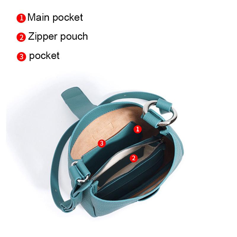 Women's Litchi Grain Genuine Leather Bucket Bag, Soft Minimalist Commute Handbag with Adjustable Strap, Shoulder, Crossbody & Underarm Bag
