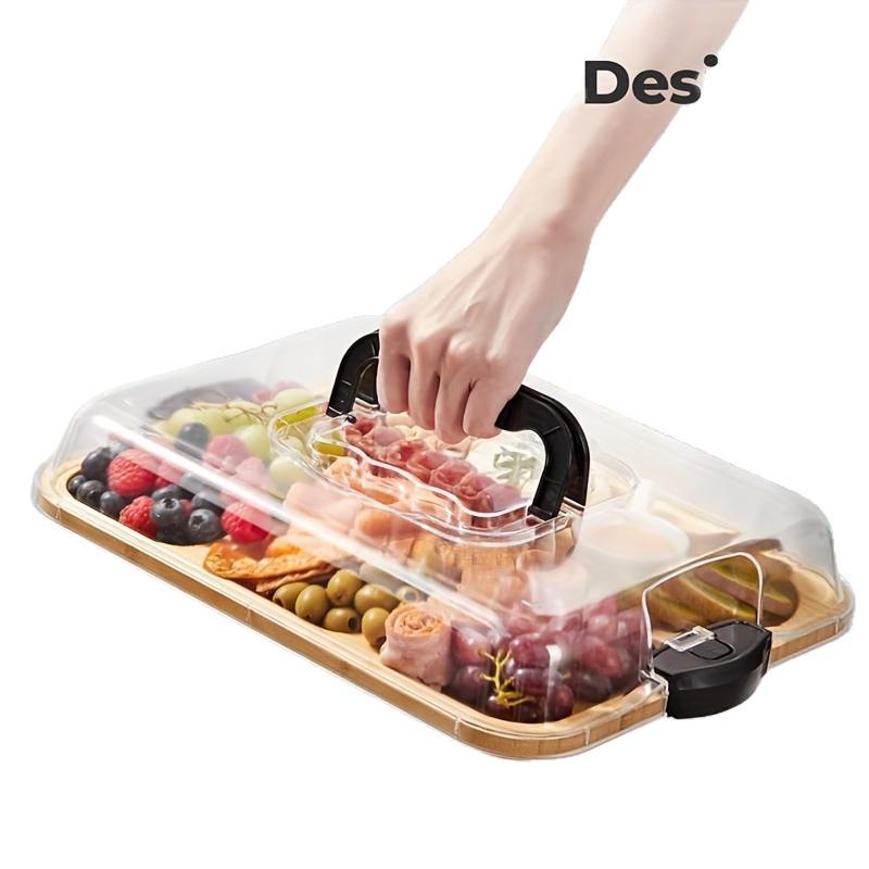 Eco-friendly Bamboo Tray with Acrylic Lid - Portable Wooden Plate for Camping, Picnics, and Restaurants