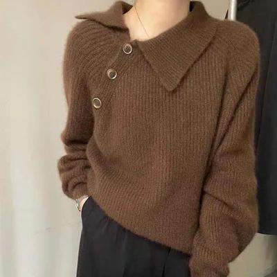 Pullover Female Autumn and Winter Casual Long Sleeve Polo Diagonal Neck Button Knit Shirt Women Loose Sweater Pullover Female