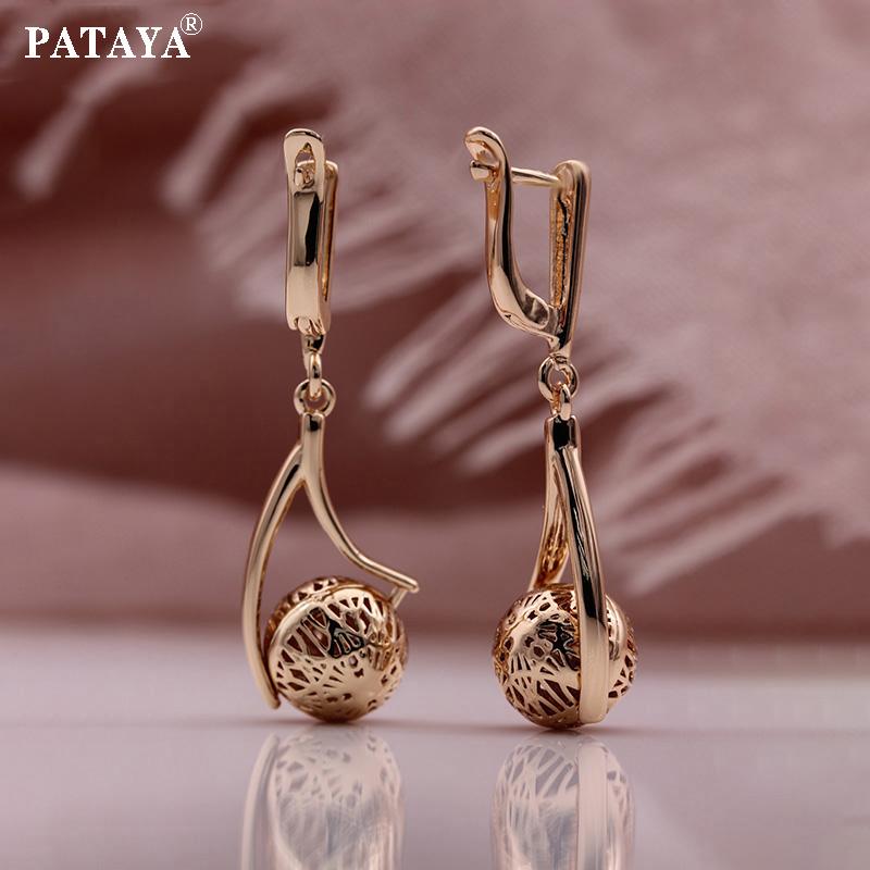 PATAYA Retro Hollow Spherical Long Earrings Women Metal Rose Gold Color Unique Drop Earrings