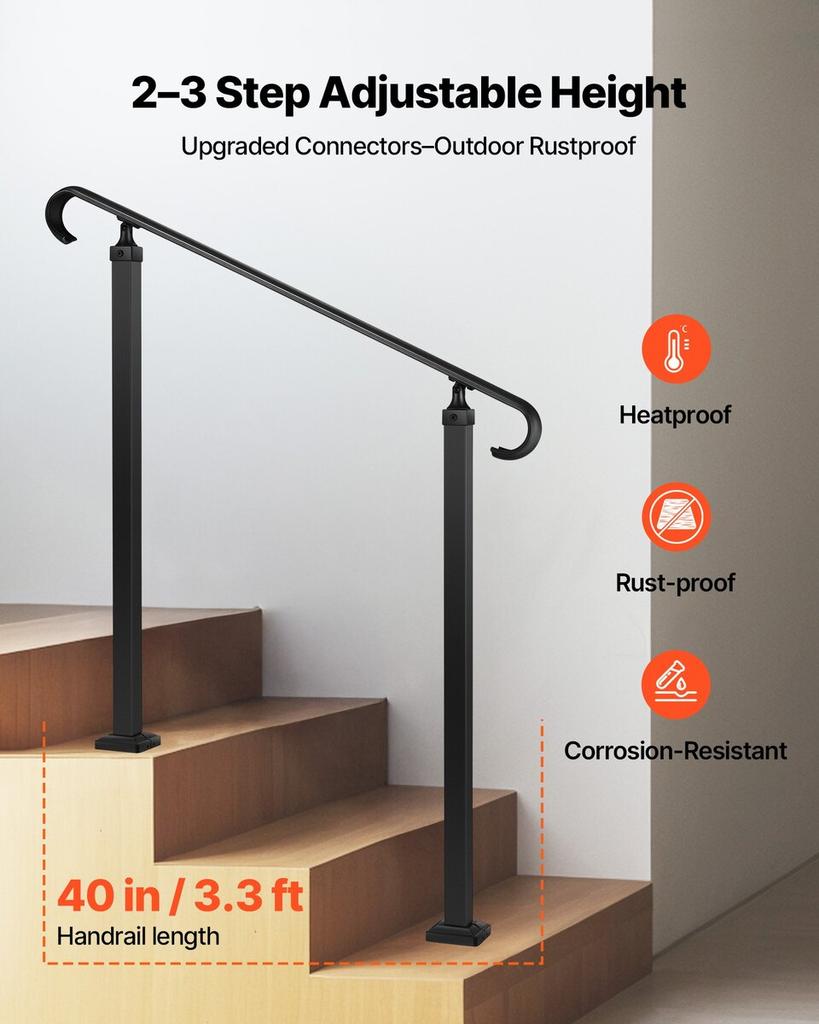 Handrails for Outdoor Steps, 2-3 Step Adjustable Height, Carbon Steel Transitional Handrail with Installation Kit, Exterior Hand Railing for Steps,