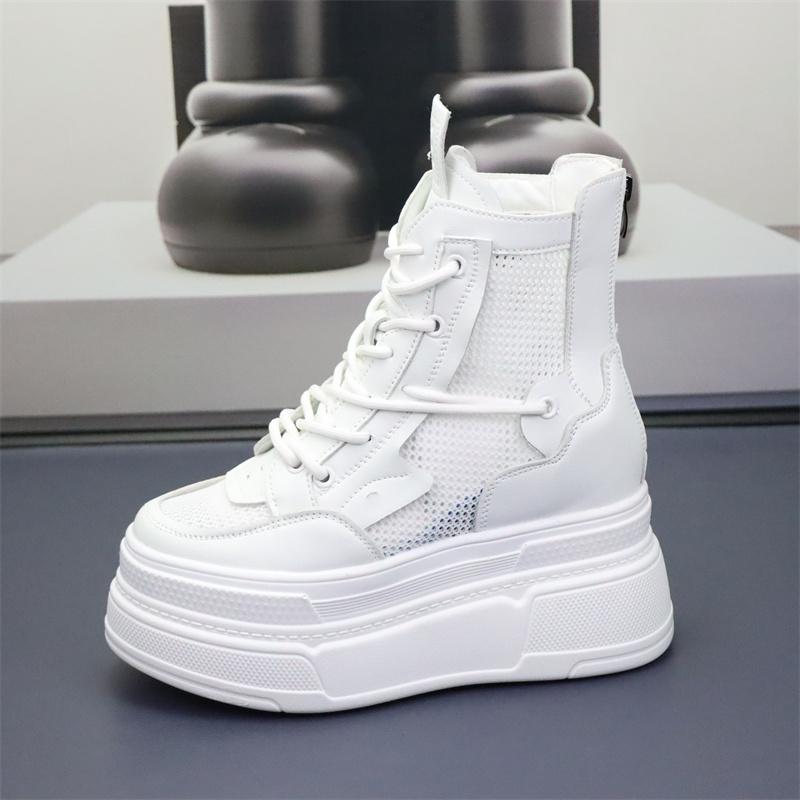 Fashion 12CM Women Breathable Platform Chimney Hollow Fashion Summer Shoes Air Mesh Genuine Leather Synthetic Mid Calf Ankle Boots
