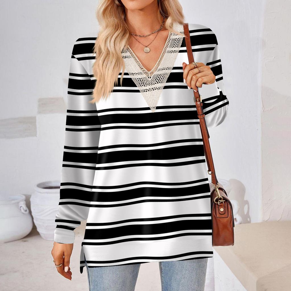 Womens Tops Loose V-neck Contrast Color Split Loose Long Sleeve T-shirt Women's Tops