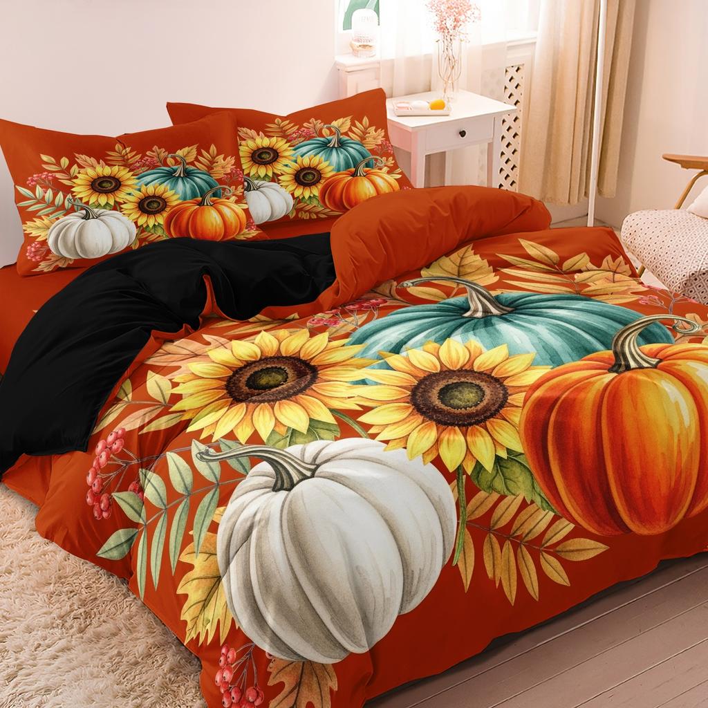 3pcs Autumn Pumpkin Sunflowers Stic Field Leaf Theme Duvet Cover Set,Thanksgiving Season Christmas Easter Autumn Gifts,
