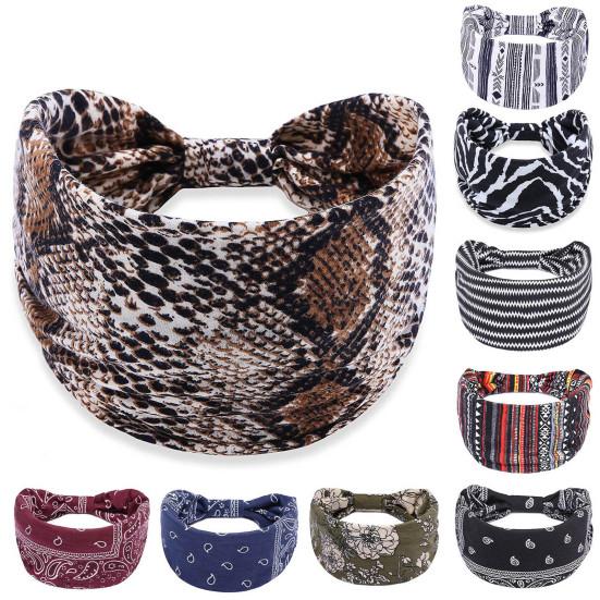 Diadema de yoga ancha, elástica y transpirable, para mujer, estilo retro bohemio, con estampado de anacardos, nudo para maquillaje, accesorios para el cabello