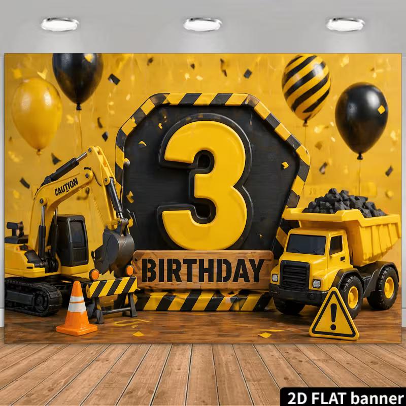 2D Excavator Dump Truck 3rd Birthday Backdrop, Construction Theme Photography Background Cloth 47.2x31.5inch/120*80cm