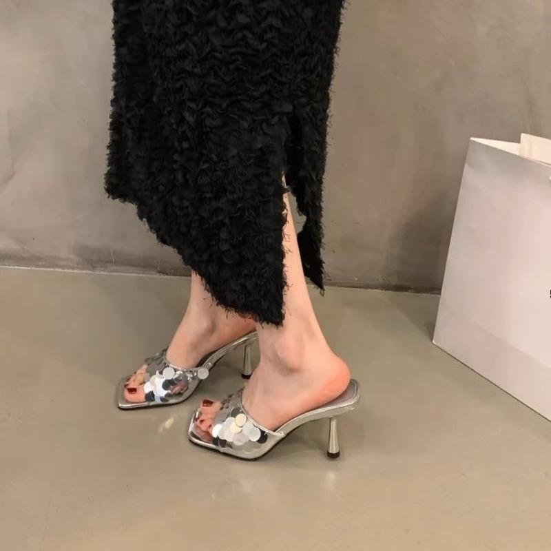 2025 Summer Hot Selling Women's High Heels and Slippers Fashionable and Elegant Square Toe Outdoor Versatile Silver Women Shoes