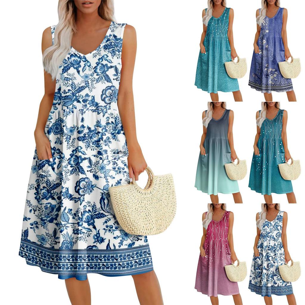 Sommerliche lässige Midi-Kleider für Damen Urlaub Elastische Taille Ärmellos Knielang Sommerkleid mit Taschen Lockere Passform