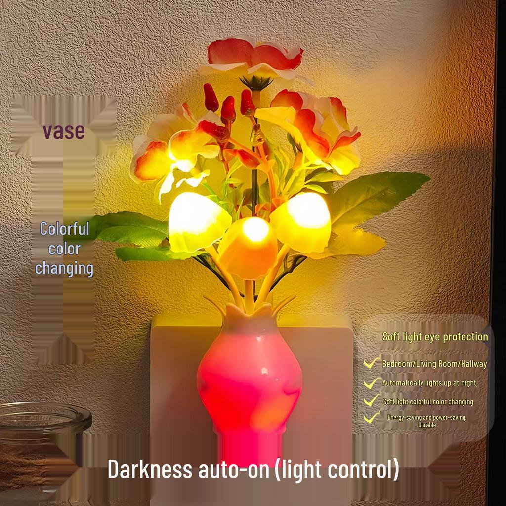 LED Energy-Saving Mushroom Lamp with Colorful Artificial Flowers and Night Light Vase