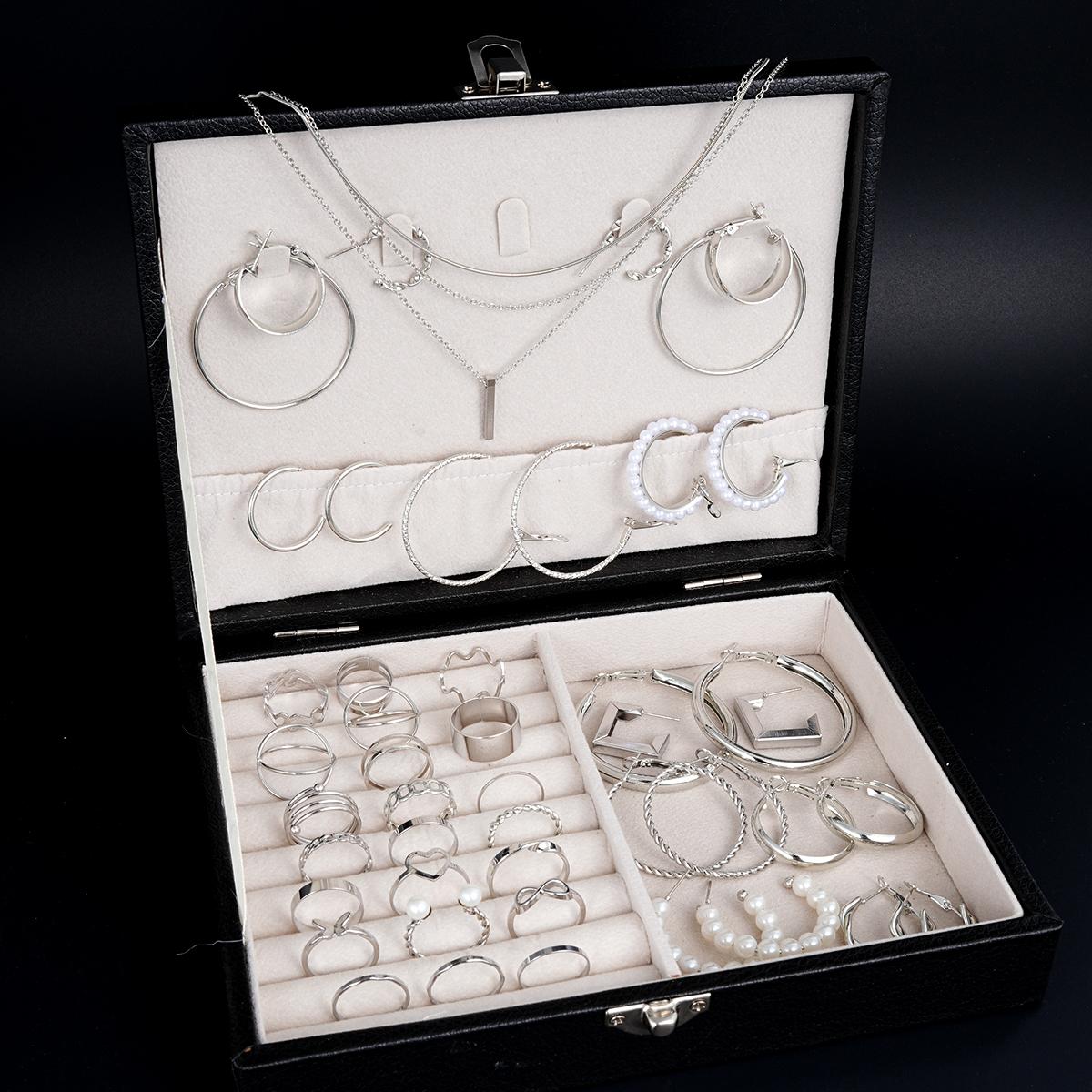 

47 Pcs Fashion Hoop Earrings Necklaces Ring Set For Women Silver Color Butterfly Heart Pearl Party Combinations Jewelry Set 2026