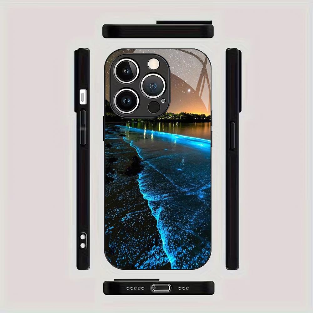 Fluorescent beach pattern tempered glass phone case suitable for iPhone17 16 15 14 13 12 11Pro/Max/Plus anti drop and shockproof