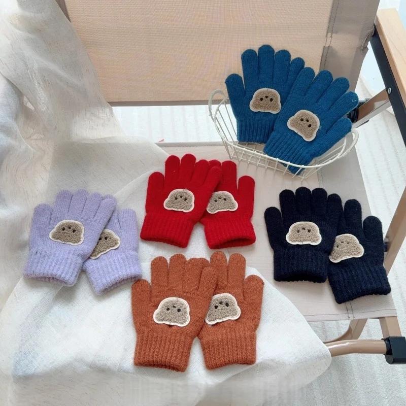 Dziecięce dzianinowe rękawiczki z misiem 3-7 lat Dziewczynki Chłopcy Uroczy Miś Miękkie Ciepłe Dzianina Pełne palce Ocieplacz na dłonie Dzieci Stylowe Ciepłe Rękawiczki