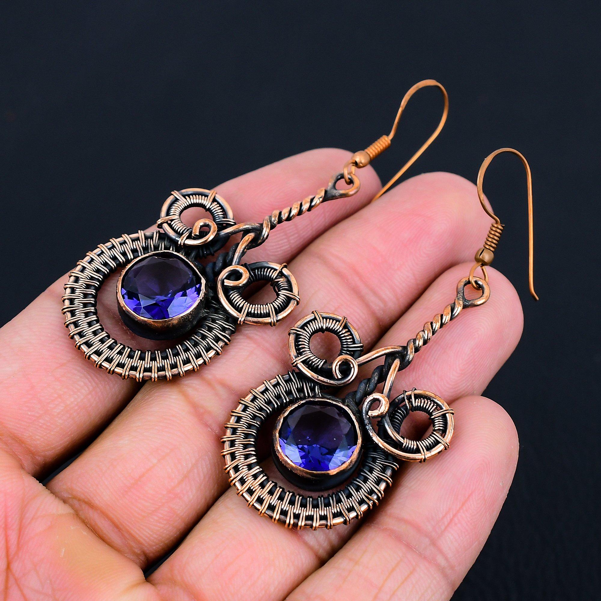 

Аметист драгоценный камень ручной работы серьги из чистой медной проволоки ювелирные изделия на День Благодарения 2.56 Inches фиолетовый