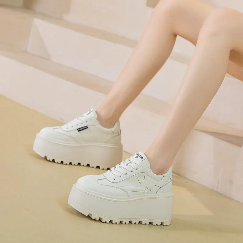 Fashion 8cm Mixed Color Ladies Vulcanize Shoes Genuine Leather Spring Autumn Lace Up Stable High Platform Sneakers Women Fashion Shoes