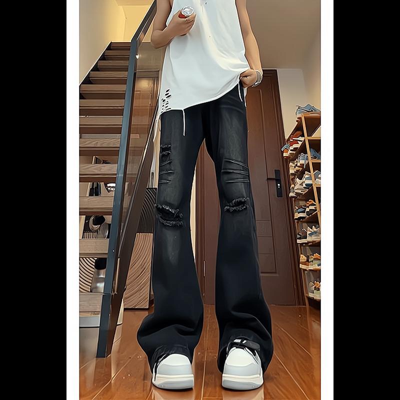 Semi-elastic jeans men's and women's summer thin ripped pants American high street vibe straight-leg micro-pull pants