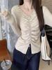 Women's V-Neck French Lace Patchwork Pleated Sweater for Autumn/Winter