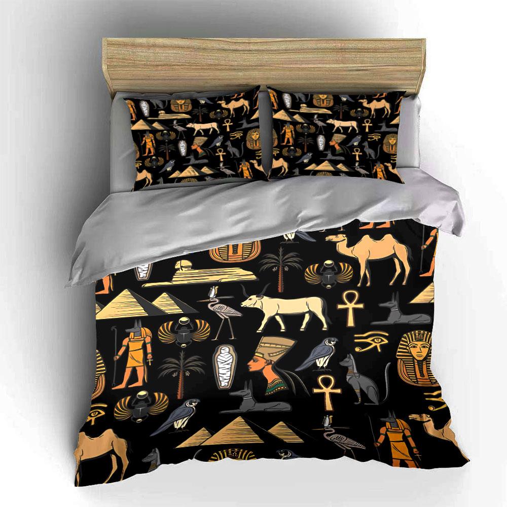 Ancient Egyptian Symbols Pattern Bedding Duvet Cover Set Duvet Cover Pillowcases  (1*Duvet Cover 2*Pillowcases, Without Duvet Insert)