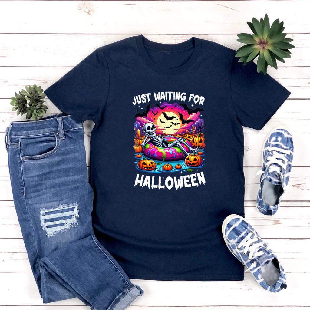 Just Waiting for Halloween T Shirt Skeleton Tshirt Funny Spooky Halloween Skeleton T Shirts Short Sleeve T-shirts Vintage Tees