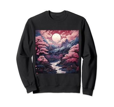 Mondlicht Japanische Burg Magische Kirschblüte Fantasy Sweatshirt