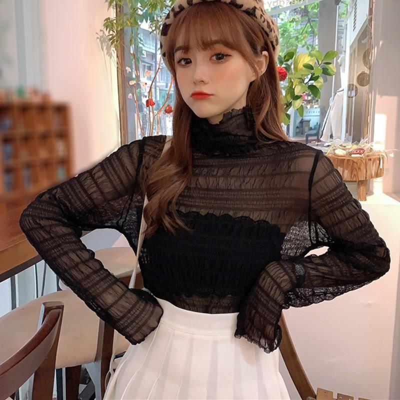 Mesh Top Slim Perspective Long Sleeve Turtleneck Shirt