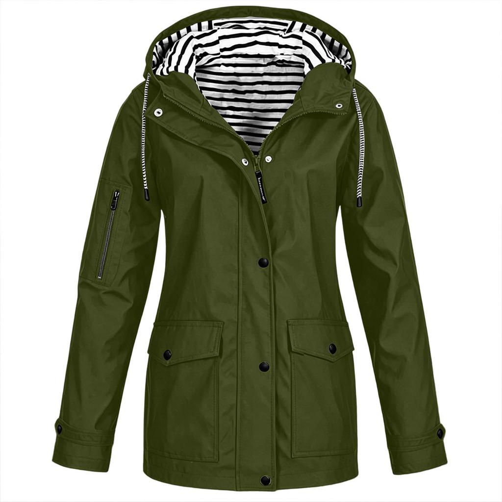 Women's Fashion Solid Color Hooded Loose Casual Waterproof Outdoor Jacket Lightweight Windbreaker Raincoat for Hiking Camping