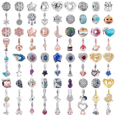 92 Style 925 Silver Star Moon Sun Snowflake Plant Feather Heart Fine Pavé Beads Fit Original  Charms Bracelet DIY Jewelry