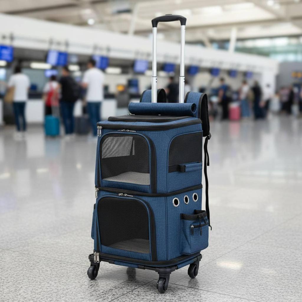 Double-Deck Pet Carrier Breathable Trolley Bag Telescopic Handle Cat Travel