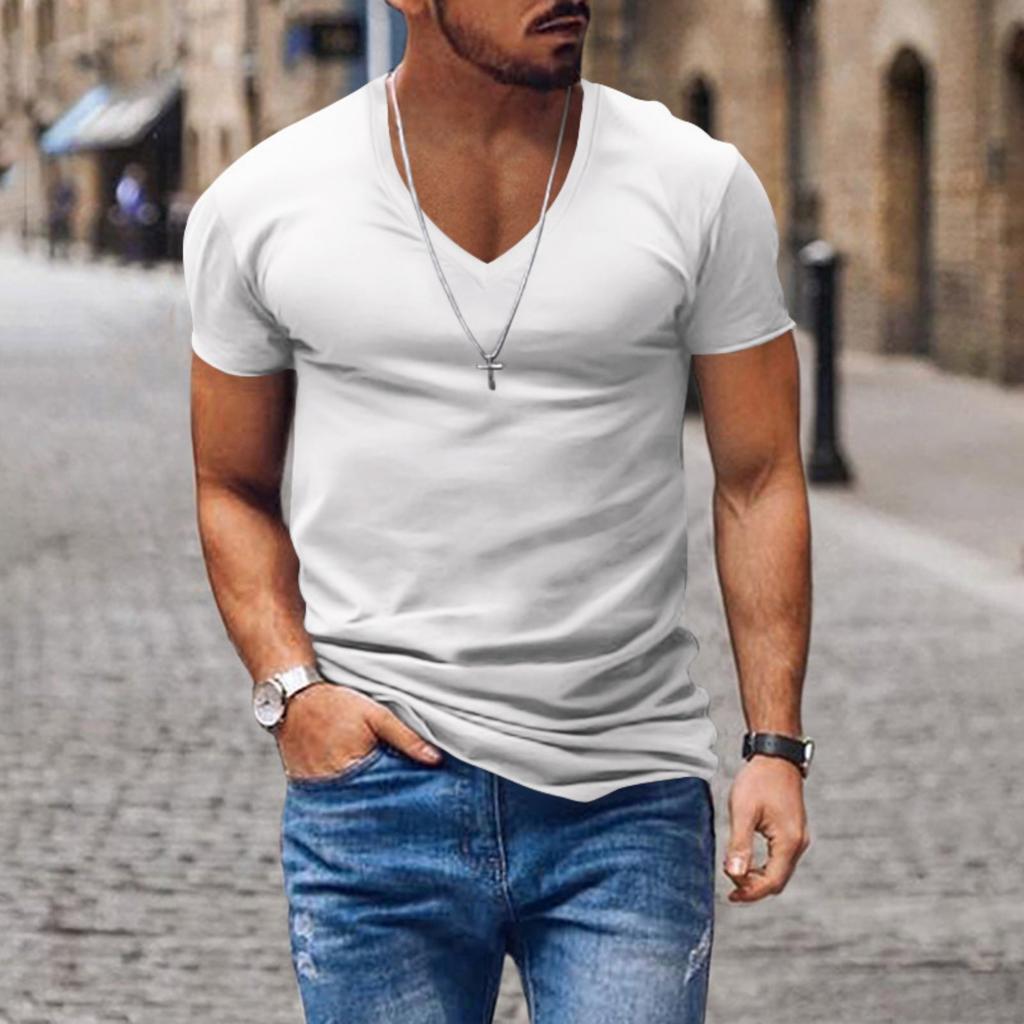 Men's Short Sleeve V-neck T-shirt Solid Color Casual T-shirt Short Sleeve