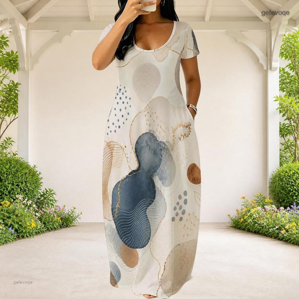 Women Plus Size Round Neck Short Sleeve Abstract Printed Loose Maxi Dress With Side Pockets