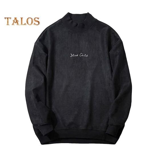 Men Spring Fall Top Double-sided Velvet Half-high Collar Loose Printing Elastic Cuffs Solid Color Loose Pullover Long Sleeves Sport School Daily